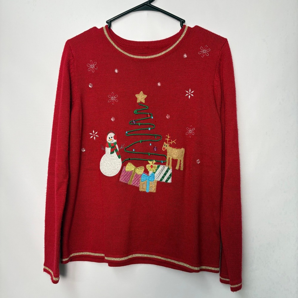 Womens Red Ugly Christmas Sweater Snowman Reindeer Tree Sequin Knit Large